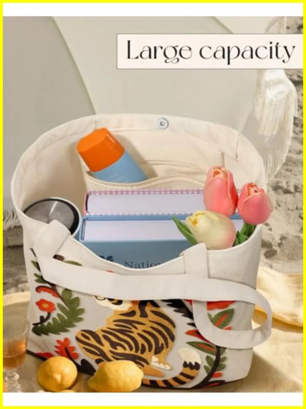 Linen Canvas Embroidery Tote Bag with Pocket, Reusable Shopping & Travel Bag